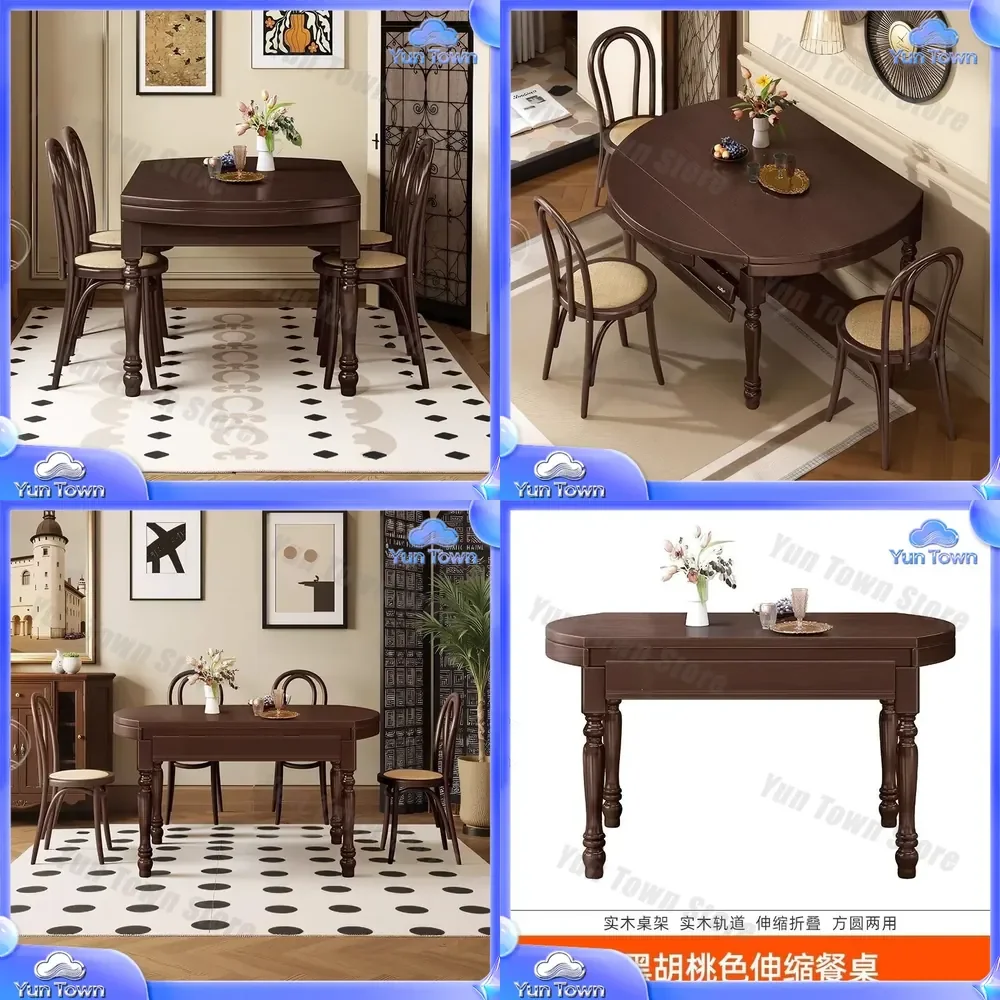 Retractable Round Dining Table for French Retro Style All Solid Wood Walnut Color American Folding Table for Small Apartment