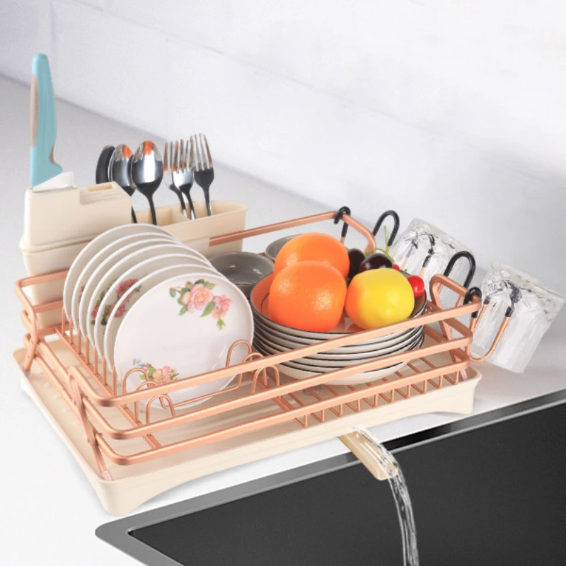 

Aluminium Dish Drying Rack for Kitchen Counter,Drainer with Utensil and Glass Holder for Sink,Accessories Organizer,Pink