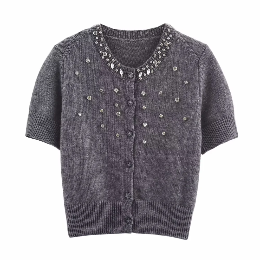 

UNIZERA 2025 New Product Women's Clothing Design with European and American Style Elegant Knitted Diamond Short Sleeve Top