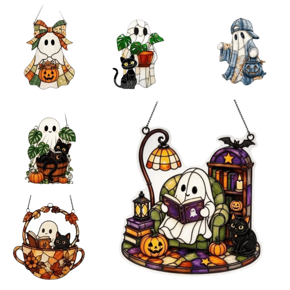 2D Flat Acrylic Halloween Ghost Ornaments Pumpkin Cat Colorful Sun Catcher Light-Catching Home Decor
