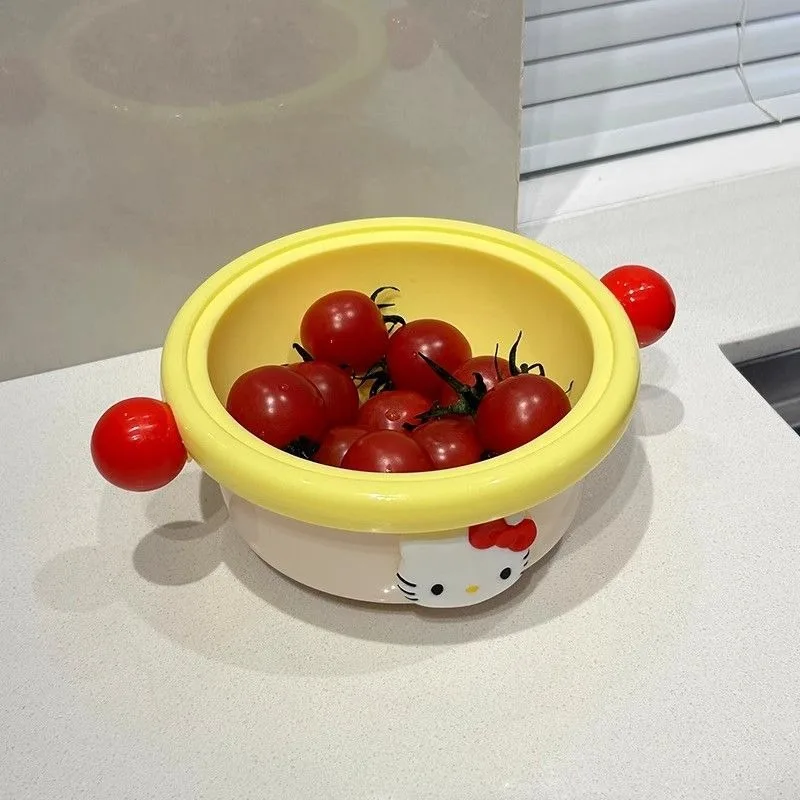 

Hello Kitty Anime Kawaii Sanrio Double-layer Draining Basket Cute Cartoon Fruit Plate Vegetable Basin Kt Cat Gifts Toys