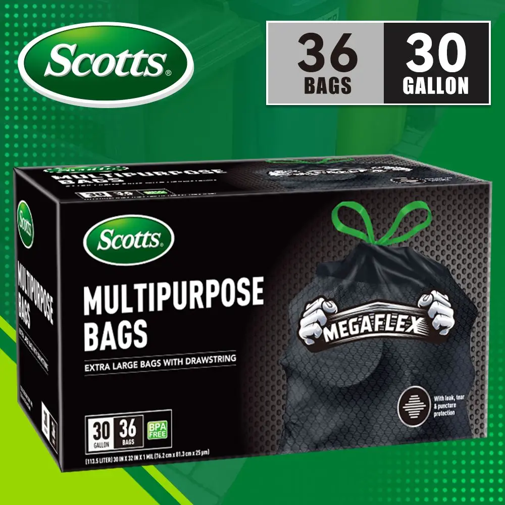 Scotts 36 Bags 30 Gallon Box Disposable Non-Rip Black Large Drawstring Garbage Bags, Suitable for Large Kitchen Garbage Cans, Su