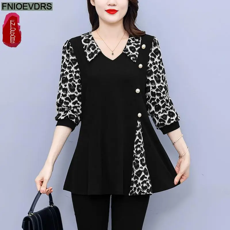 L-5XL 2024 Women European Style Office Lady Long Shirt Patchwork Leopard Print Dot Ruffle Belly Black Tunic Peplum Top Blouses