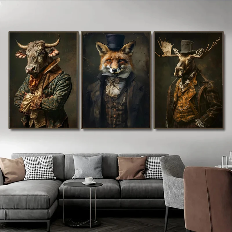 Gothic Victorian Animal Raven Black Cat Unicorn Panda Goat Eagle Bull Poster Print Canvas Painting for Living Room Home Decor