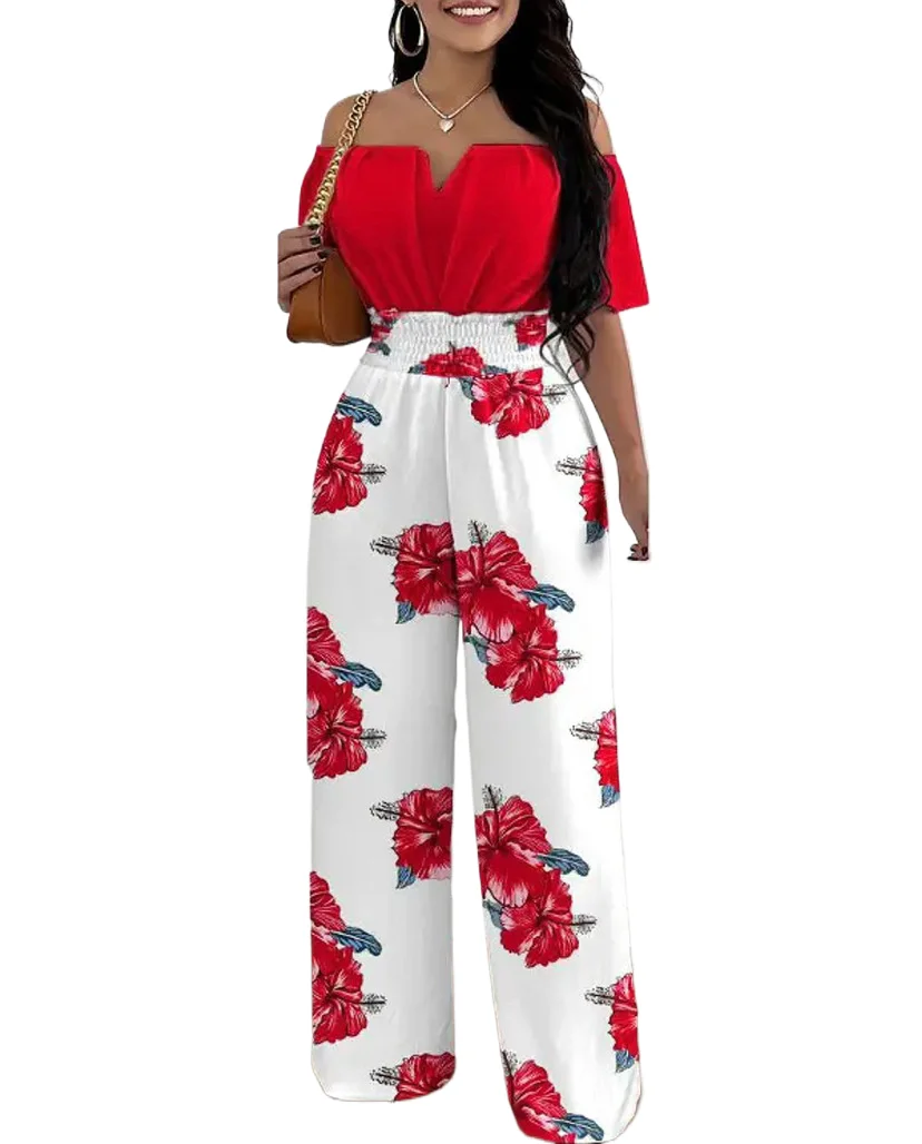 

Jumpsuit Women 2023 Summer Fashion Print Wide Leg Jumpsuits Sexy Beach Style Off-shoulder High Waist Summer Outfits Bodysuit