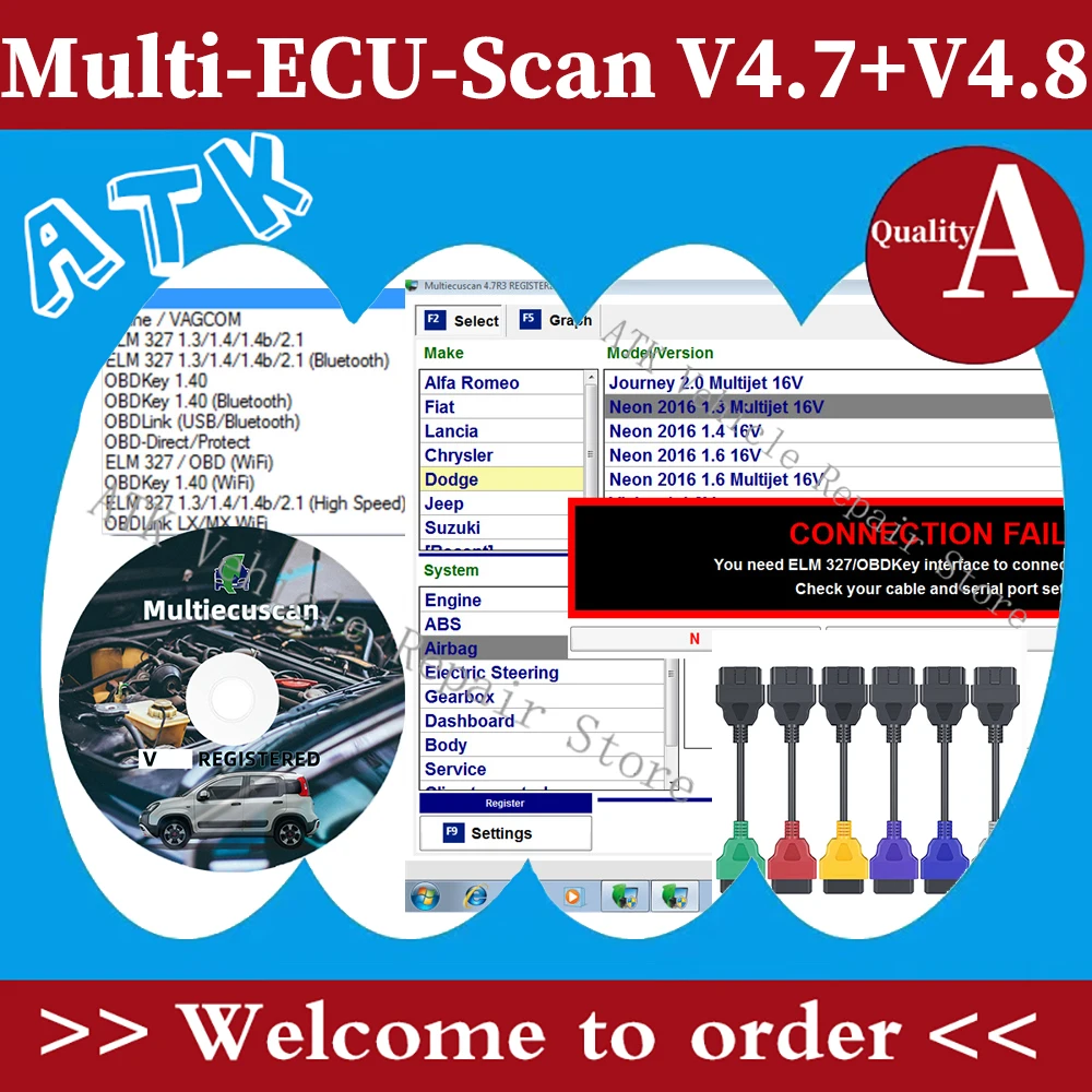 MultiEcuscan - car repair tool software 4.8 for Fi-at +Do-dge connectors MultiEcu Scan 4.7 working with ELM327 MultiEcuscan V4.9