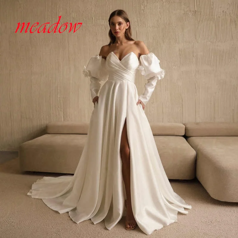 

Customized White Elegant Luxury Satin Wedding Dress Detachable Sleeve Lace Up Back Bridal Party Temperament Vestido De Novia