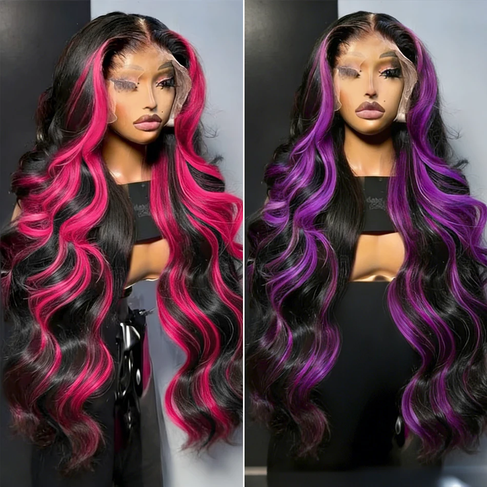 

Brazilian 1B/Pink Ombre 13x4 13x6 HD Lace Frontal Wigs 250% Density Body Wave Dark Purple Highlight Wig Human Hair Colored Wig