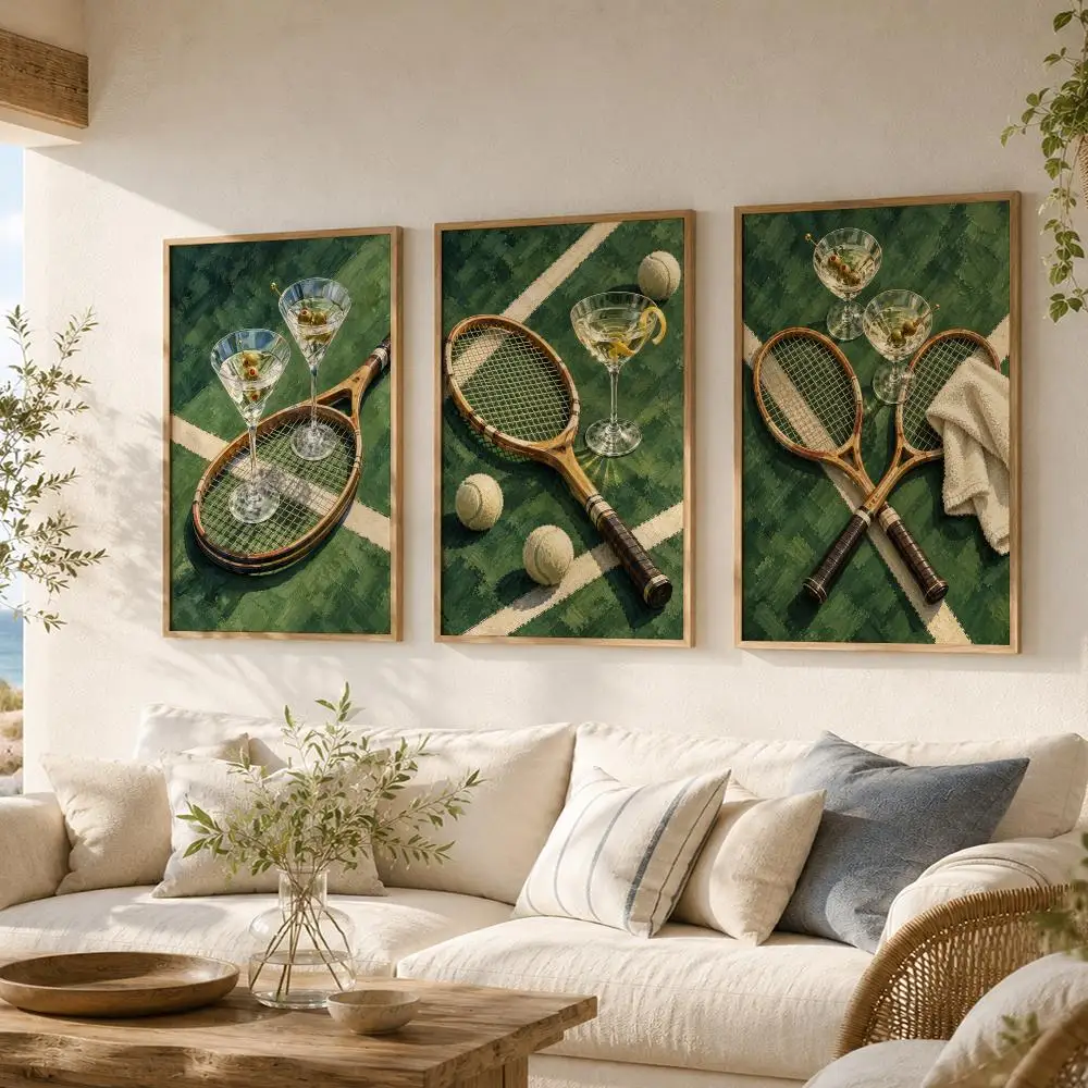 Tennis Martini Painting Calligraphy 3 PCS Vintage Fashion Canvas Wall Art Prints for Living Room Decor