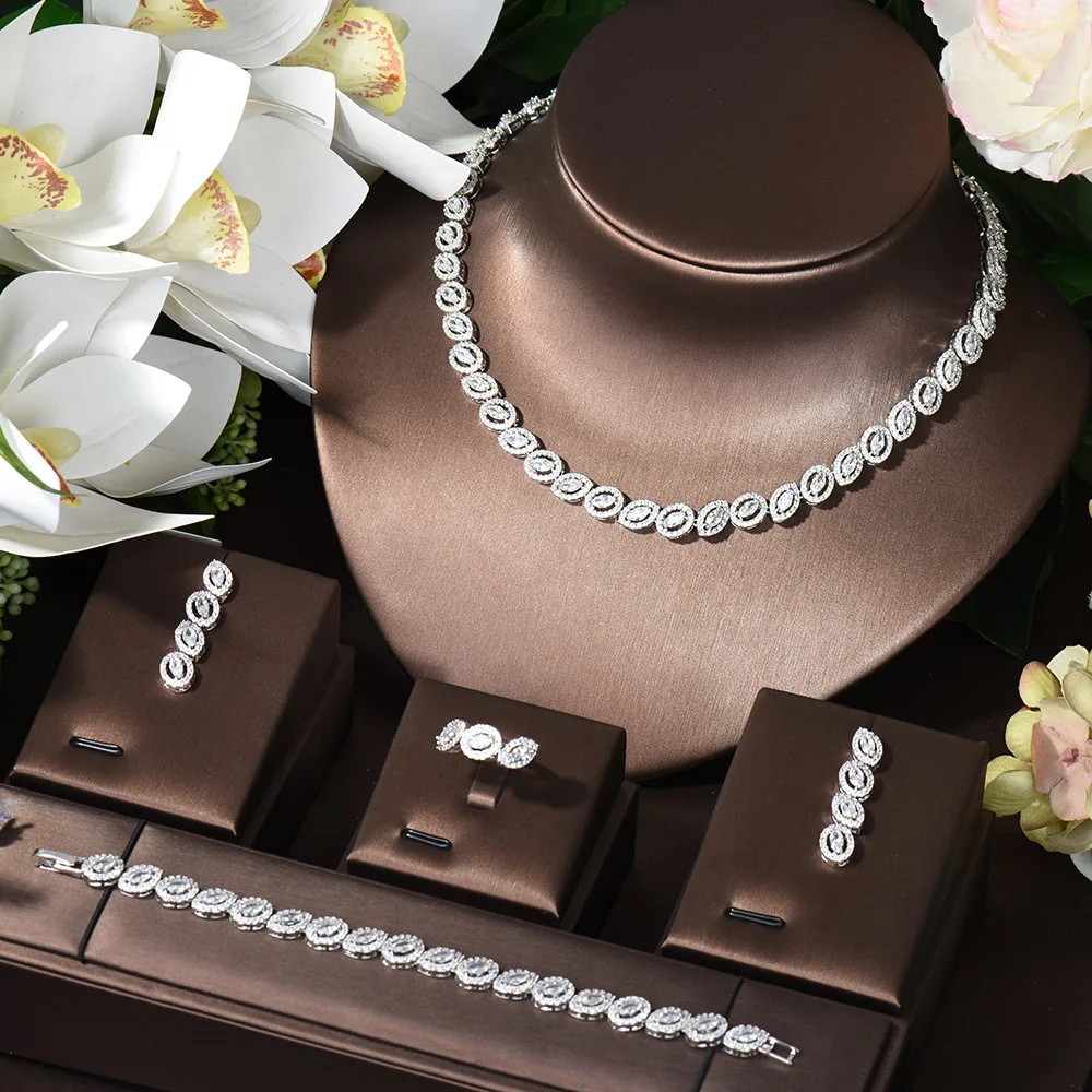 HIBRIDE Full Micro Pave Round Shape 4PCS Necklace Earring Set Cubic Zirconia Jewelry Sets For Women Bridal Wedding Bijoux N-1010