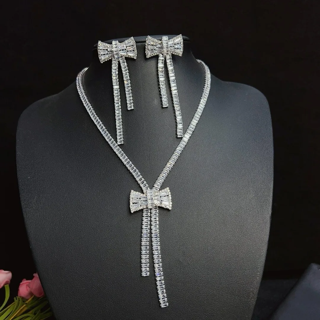 

Комплект украшений из циркония: колье и серьги в форме банта, 2 предмета, для свадебной вечеринки в стиле Дубай/Арабские Эмираты, аксессуары для свадебного платья