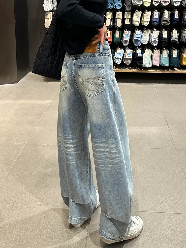 

High Waist Wide Leg Pocket Embroidered Denim Jeans Women's plus Size Loose Fit Slimming Jeans American Retro Style