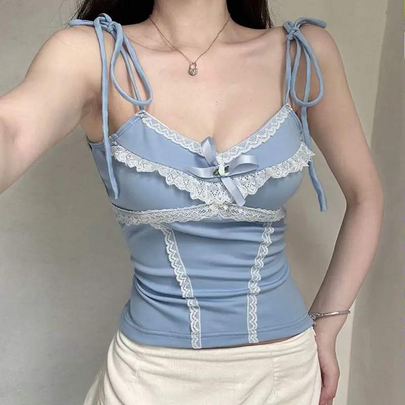 

Camis Blue Lace Spaghetti Strap Patchwork Aesthetic V-Neck Crop Top Women Y2K Fashion Summer Korean Sexy Clothes 2024