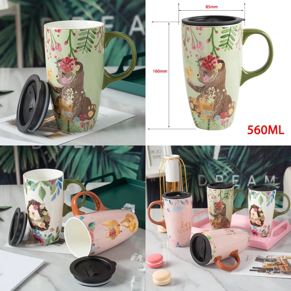 Large Generous 560ml Stunning Hand-Painted Ceramic Mug with Lid - Vibrant Hot Air Balloon, Bird, and Sunflower Design - Perfect 