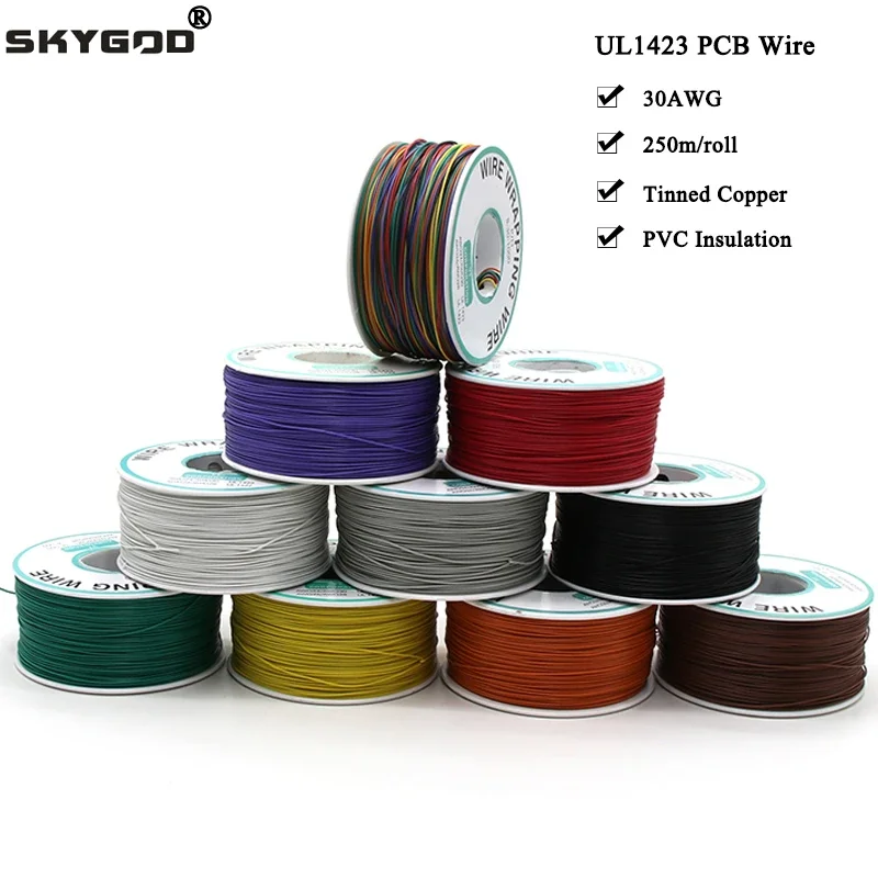 250m/roll 30AWG UL1423 Colored Insulation Cable Copper Core Test Wrapping Wire Tinned Copper PCB Solid Wire Line