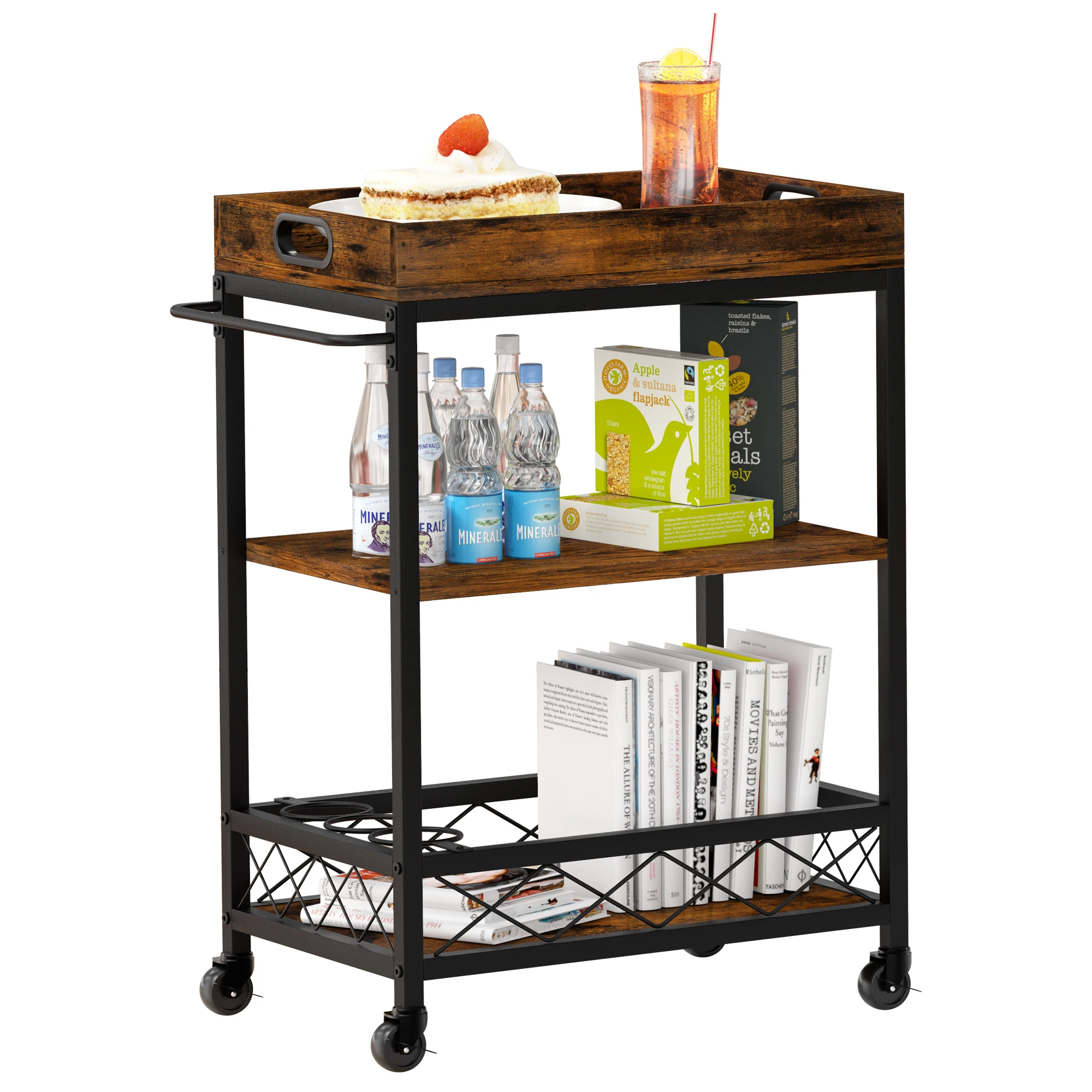 3 Tier Rolling Kitchen Cart Serving Trolley with Wine Rack Glasses Holder Portable Trays Industrial Style Storage Organizer