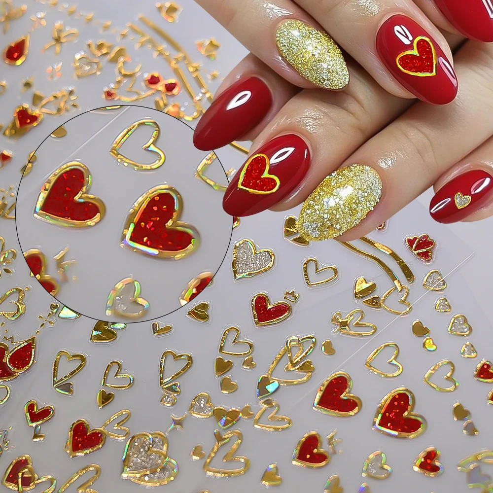 6 stuks 3D laser gouden hart boog slot nail art stickers zoete rode liefde zelfklevende nagelstickers romantische manicure decoratie slider