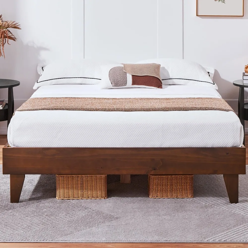 Queen Solid Wood Platform Bed Frame - Reserved Holes for Headboard, Wooden Slats Support, 7.5