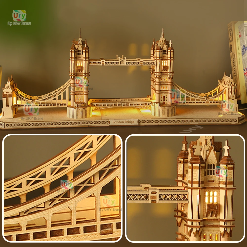 Ury 3D Wooden Puzzle England London Tower Bridge with Light LED Retro Assembly Souvenir Kits for Adult DIY Model Decoration Gift