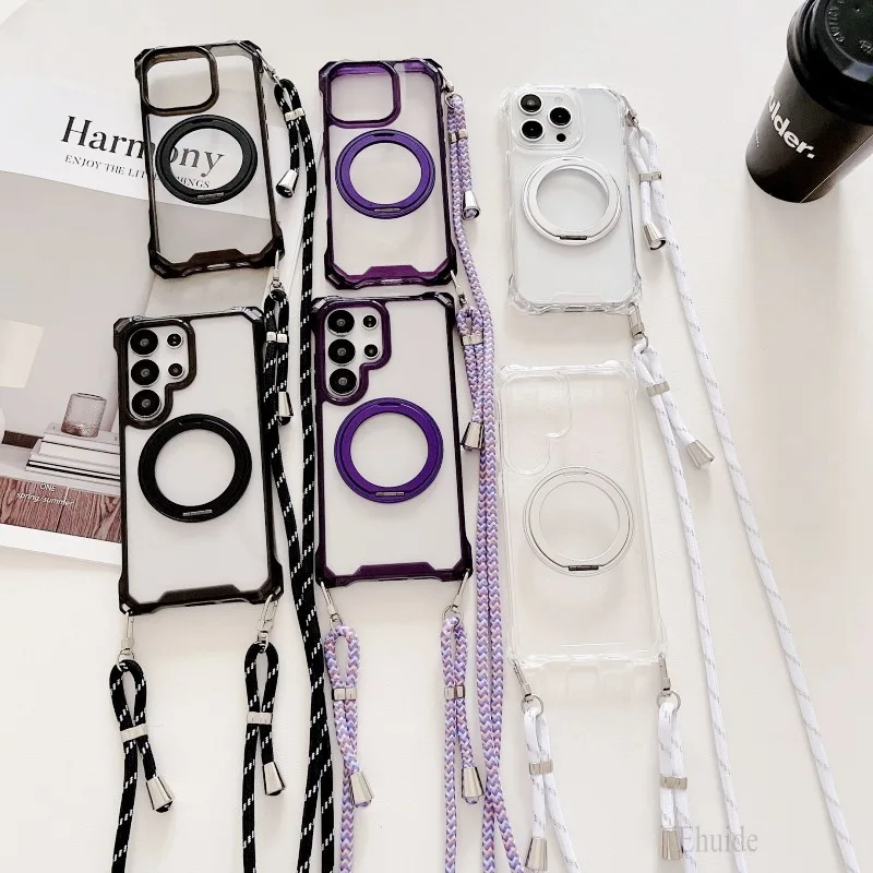 

Magnetic Case For Samsung Galaxy A56 A36 A16 A55 A35 A15 S24 Plus S25 Ultra for Magsafe Rotation Crossbody Lanyard Strap Cover