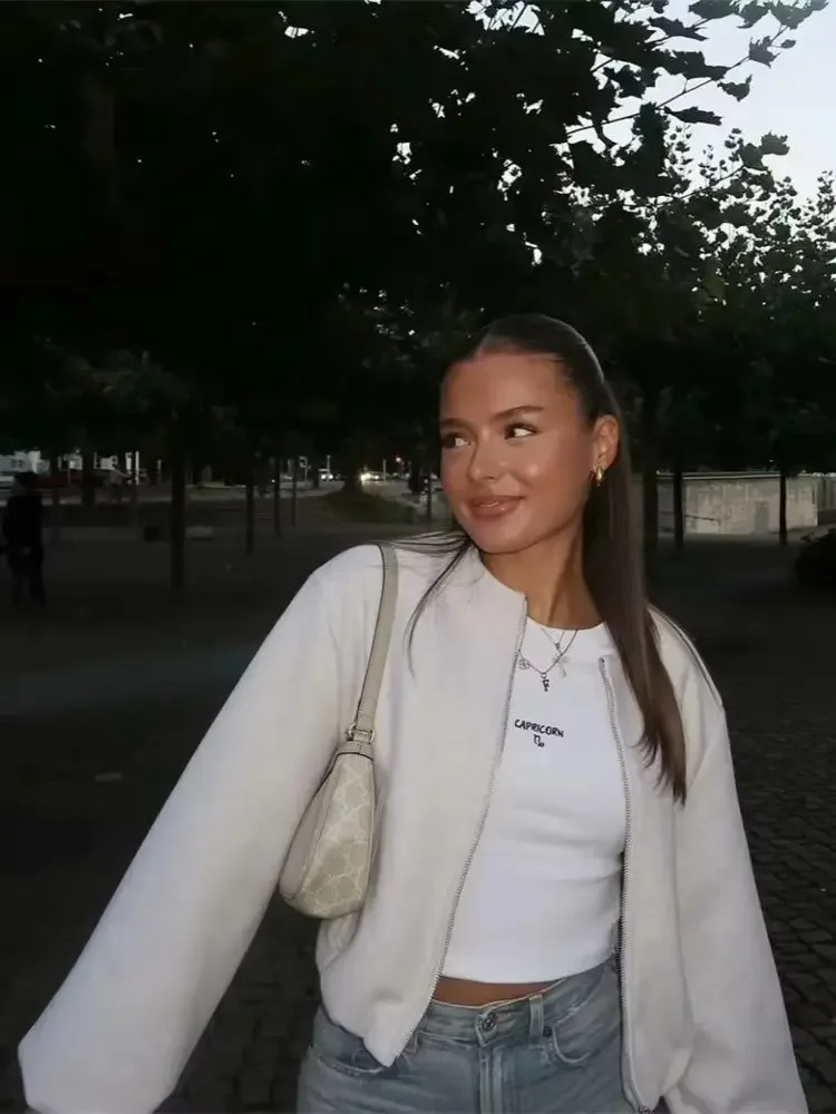 السيدات موضة الخريف الشتاء سترة المرأة الرجعية الجولة الرقبة طويلة الأكمام مطاطا هيم سستة لينة Bomber سترة المرأة معطف الإناث #4