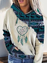 Women's casual fashion round neck pullover hoodie Western ethnic style retro print women's top hoodie sweatshirt