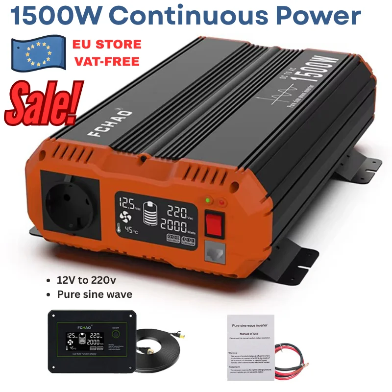 FCHAO 1500W auto-omvormer 12V naar 220V V 50Hz, 3000W piek, zuivere sinusgolf, afstandsbediening, DC naar AC-converter voor auto/camper/sol