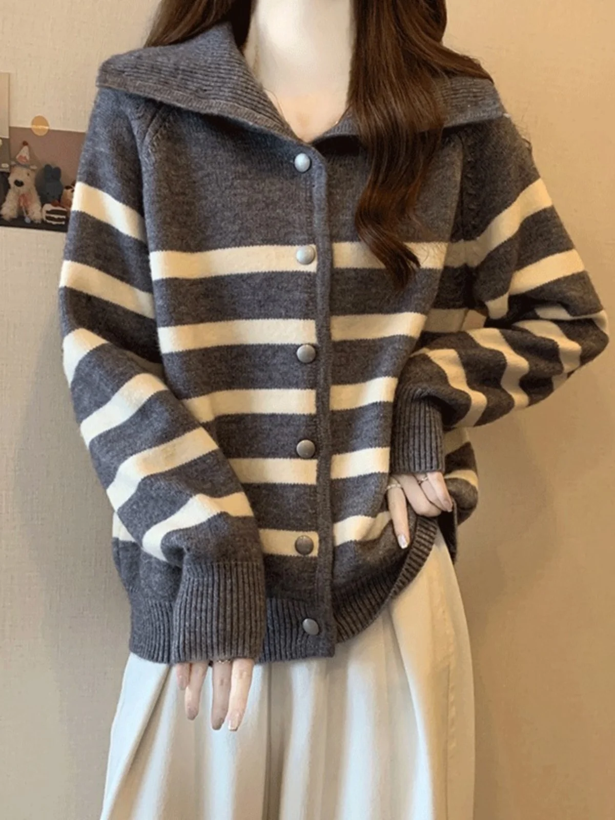 

Gray Striped Knitted Cardigan Sweater Women's Large Size Spring New Style Casual Academy Windbreaker Top Spring Autumn Wear