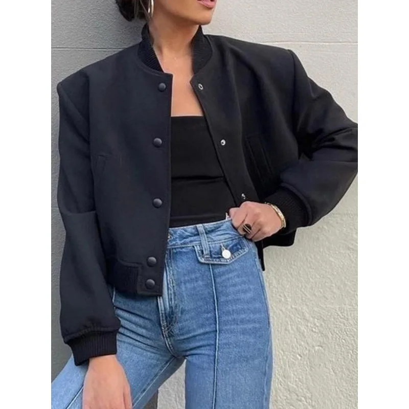แจ็คเก็ตสั้นสีน้ำเงินกรมท่าสไตล์คนเมืองสำหรับผู้หญิง แฟชั่นฤดูใบไม้ผลิ 2026 ปกตั้ง แขนยาว ติดกระดุม มีกระเป๋า รุ่น 190987