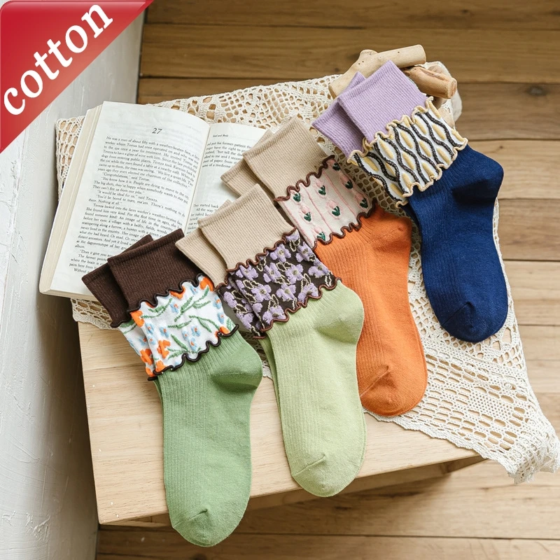 Damensocken, japanische Harajuku-Socken, Retro-Blumenmuster, trendig, vielseitig, lässig, modisch, bequem, hochwertige Baumwollsocken für Mädchen