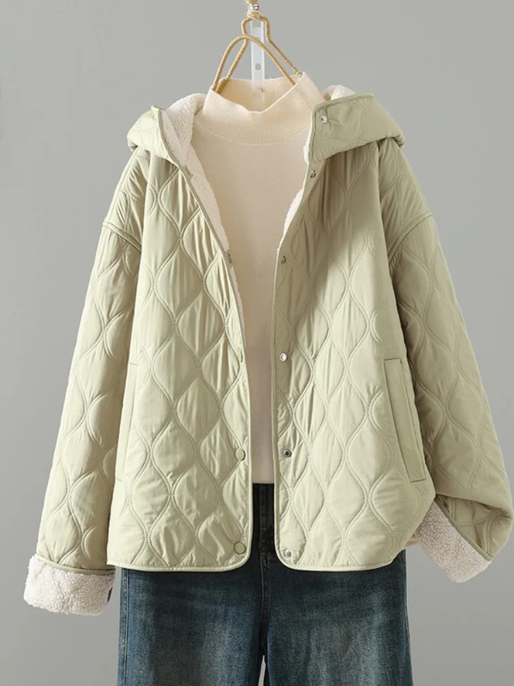 

Green Hooded Plush Patchwork Cotton Jacket Women's Winter Fleece Lined Lightweight Warm Short Cotton Coat Korean Style