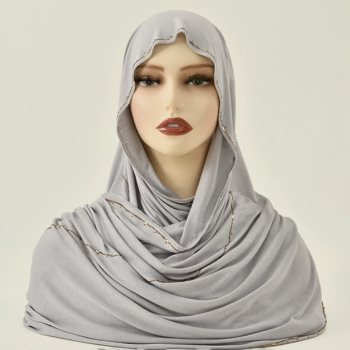 Damski bawełniany hidżab z dżerseju, szal z brokatowym, połyskującym brzegiem, miękki, wysokiej jakości hidżab z dżerseju, turban, islamska chusta na głowę w jednolitym kolorze.