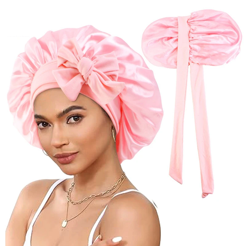 Lace-Up Large Satin Nightcap Stretch Night Cap Women Solid Sleeping Hair Care Bonnets Turban Double Layer Bowknot Headscarf Wrap