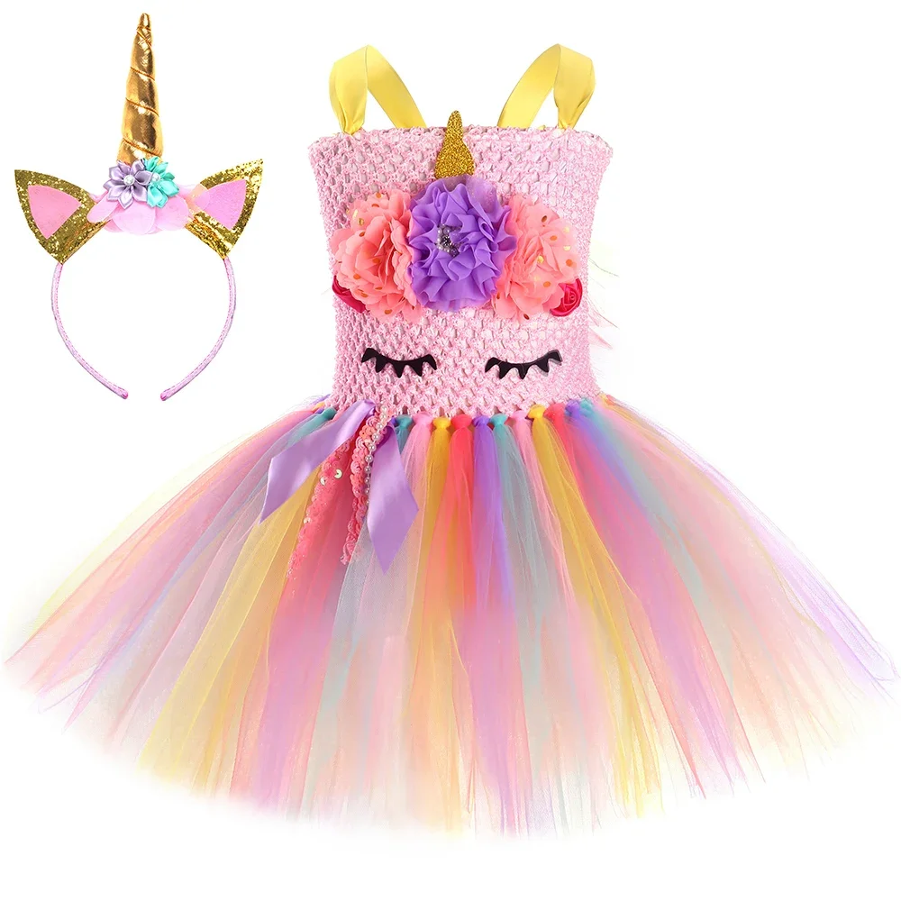 

Girls Pastel Flowers Unicorn Tutu Dress for Kids Halloween Birthday Party Costume Children Girl Tulle Princess Dresses Ball Gown