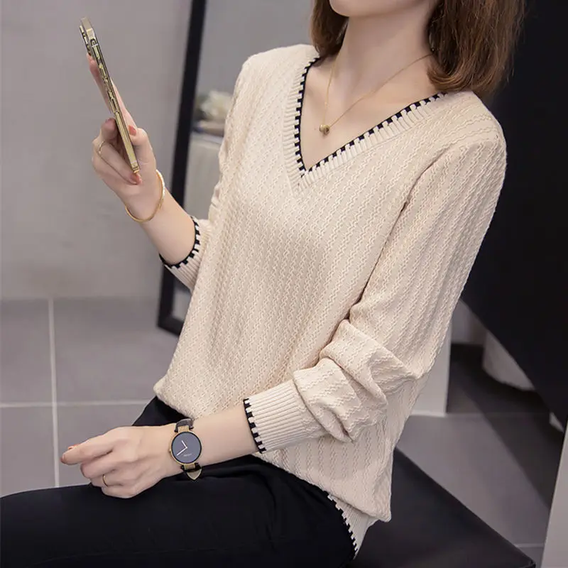 Autumn Winter Korean Solid Color Women\'s Clothing Screw Thread Pullover Long Sleeve V-Neck Sweater Knitted Casual Elegant Tops