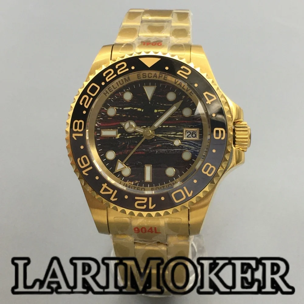 

LARIMOKER 43mm NH34 Men's Mechanical Gold Watch Glowing Sapphire Glass Meteorite Texture Dial Ceramic Bezel Waterproof Watch