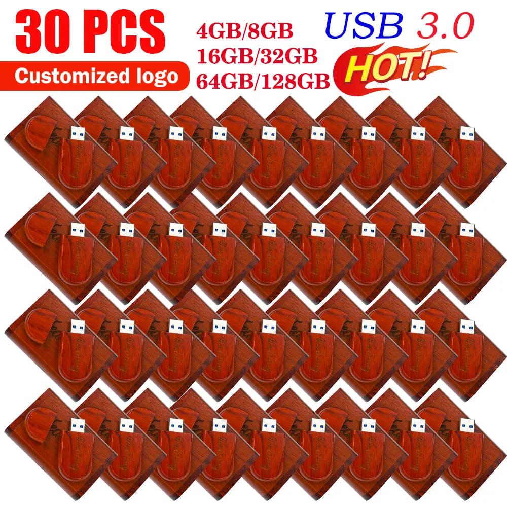30pcs/Lot Free Logo High Speed USB Flash Drive 3.0 Wooden Bamboo Pendrive 4GB 8GB 16GB 32GB 64GB 128GB Pen Drive Gifts