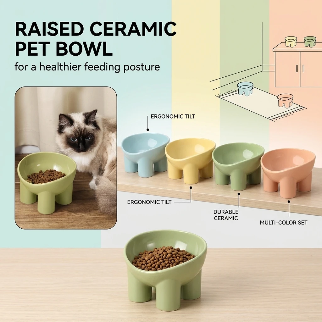 Elevated Cat Bowl Tilted Food Water Feeder with Neck Protection Raised Pet Feeding Dishes for Indoor Cats
