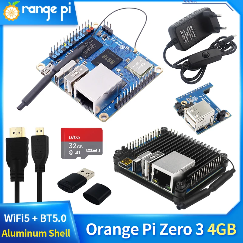 Orange Pi Zero 3 4GB RAM Allwinner H618 WiFi5 + BT 5.0 LPDDR4 16MB SPI Flash Optional Aluminum Case Power Supply for OPI Zero 3