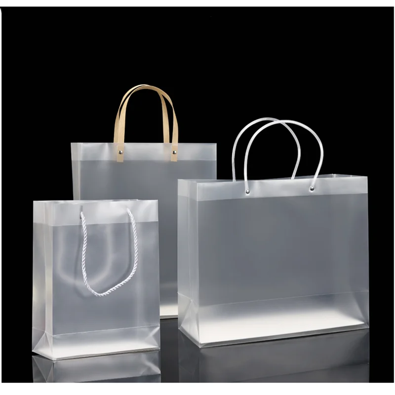 

10pcs Frost PP Bags with Handle Translucent PVC Clear Plastic Gift Waterproof Packaging Matte Pouch Portable Shopping Pocket