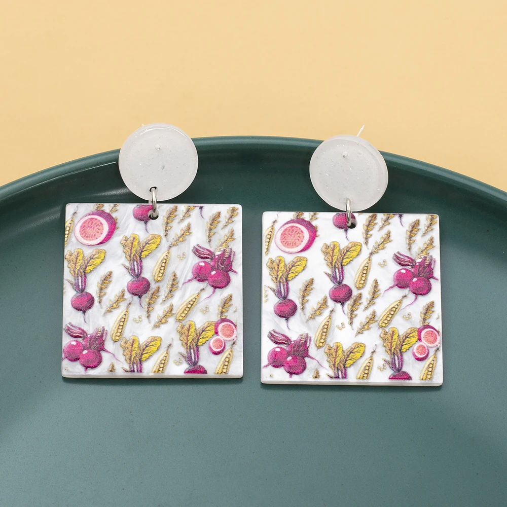 New Fashion Geometric Square Printed Radish Pattern Acrylic Earrings For Women Aesthetic Spring And Summer Style Girls Jewelry