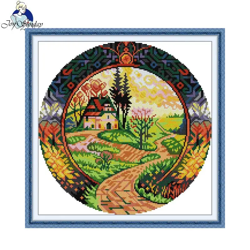 

Stamped Cross Stitch Kit Aida 16CT 14CT 11CT DMC Threads Joy Sunday DIY Embroidery Complete Kit with Gift Circular Landscape
