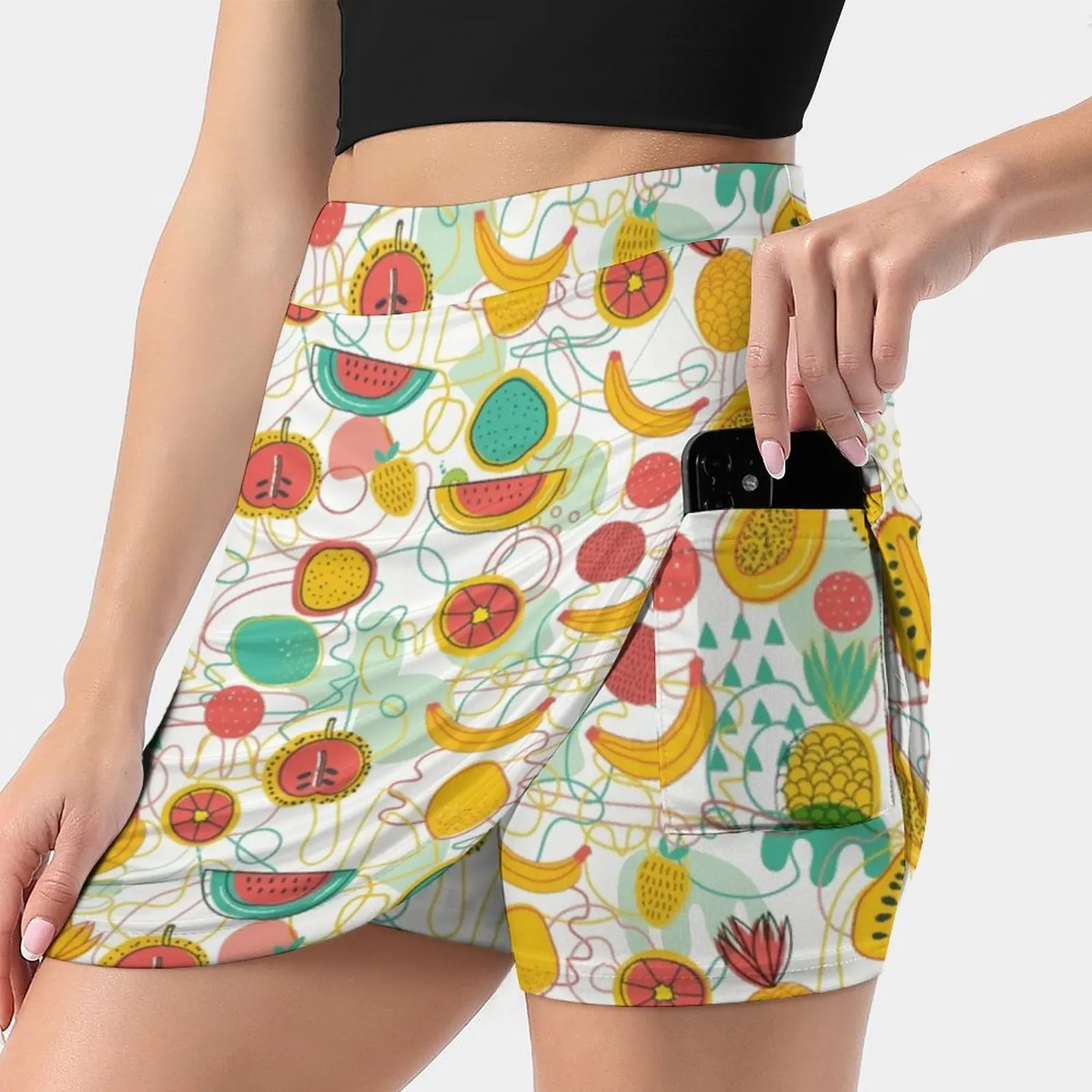 Fruit Salad New Women Skirts Double-Layer Printed Short Dress Mini Sport Skirt Fruit Pattern Summer Tropical Watermelon Banana