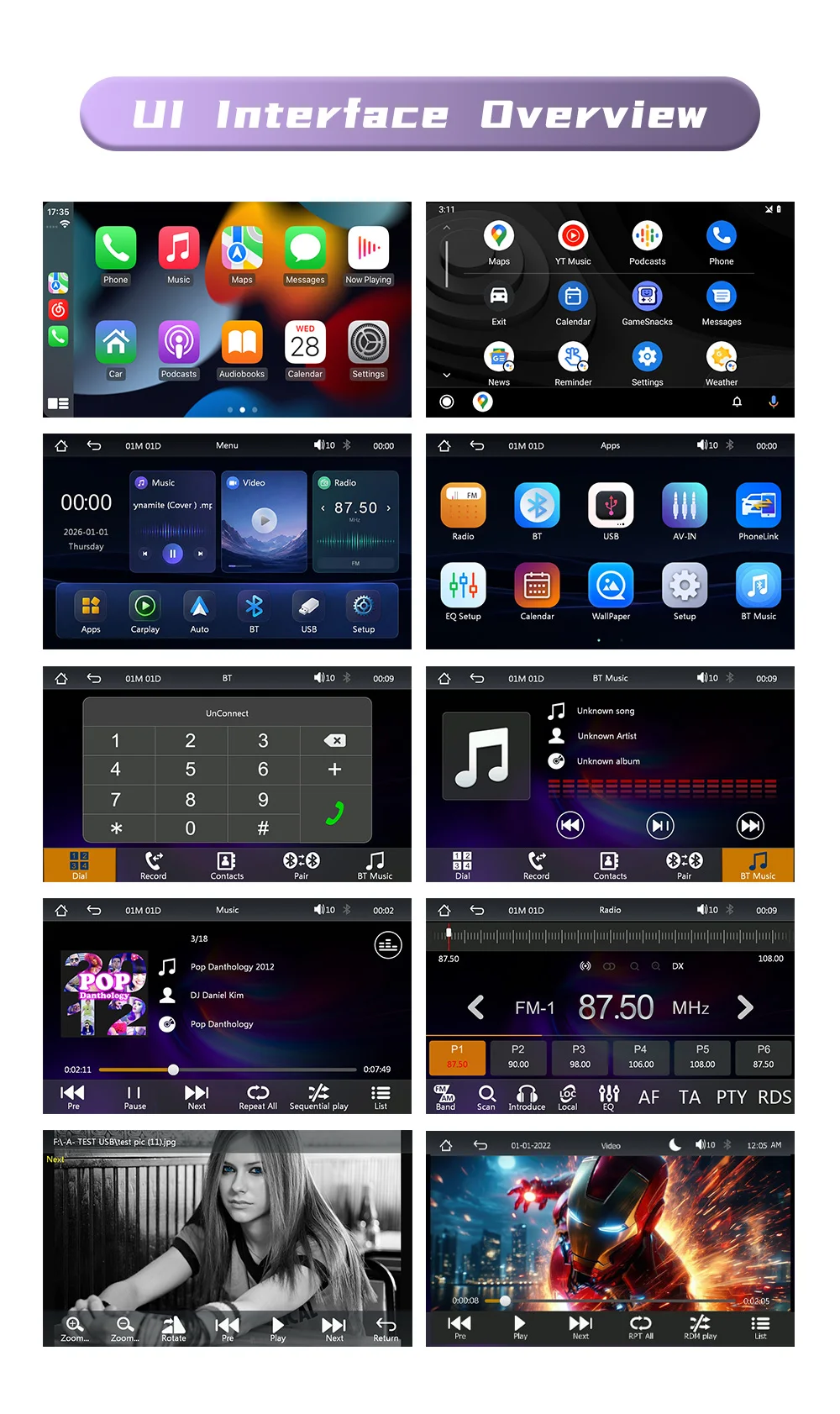 BQCC 2 Din 9 Zoll Universal MP5 Autoradio FM AM RDS Mirror Link Bluetooth Kabelgebunden Kabellos CarPlay Android Auto Multimedia-Player – Detail 17