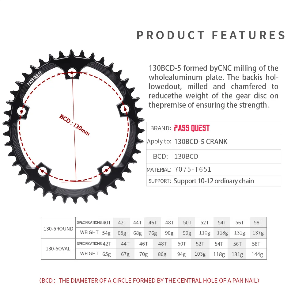 PASS QUEST 42-58T 130BCD 5 Claw Round /OVAL Chain Wheel Hollow Narrow Wide Chainring Road Bike forSram Support 10-12S  Cycling