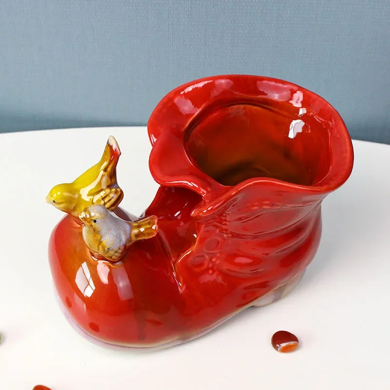 Shoe Shaped Ceramic Handicraft Small Boots Vase, Multi-use Desktop Storage Pen Holder Succulent Plant Pot for Home Decor