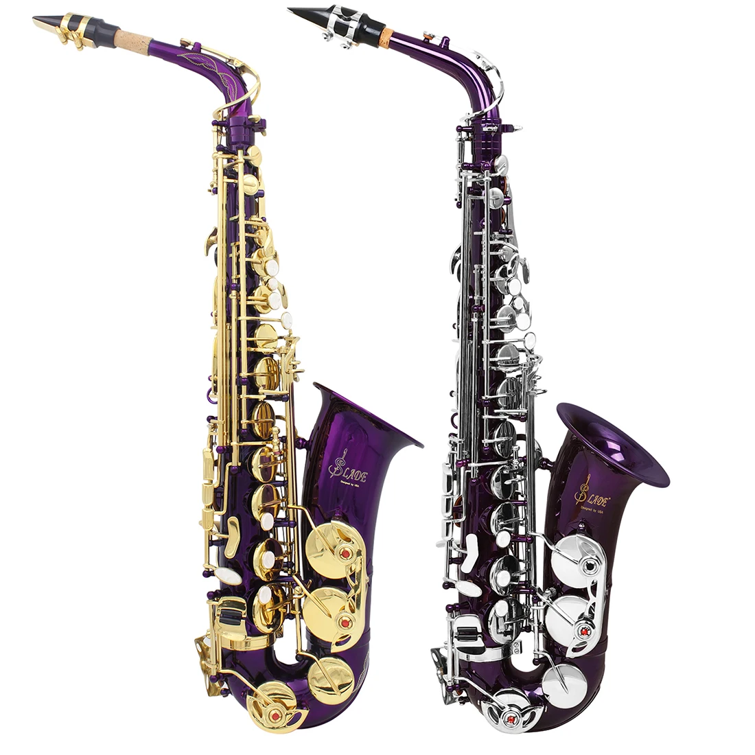 Alto Saxophone Eb Key Brass Body Carving, White Shell Keys Purple Silver Springs With Case OEM
