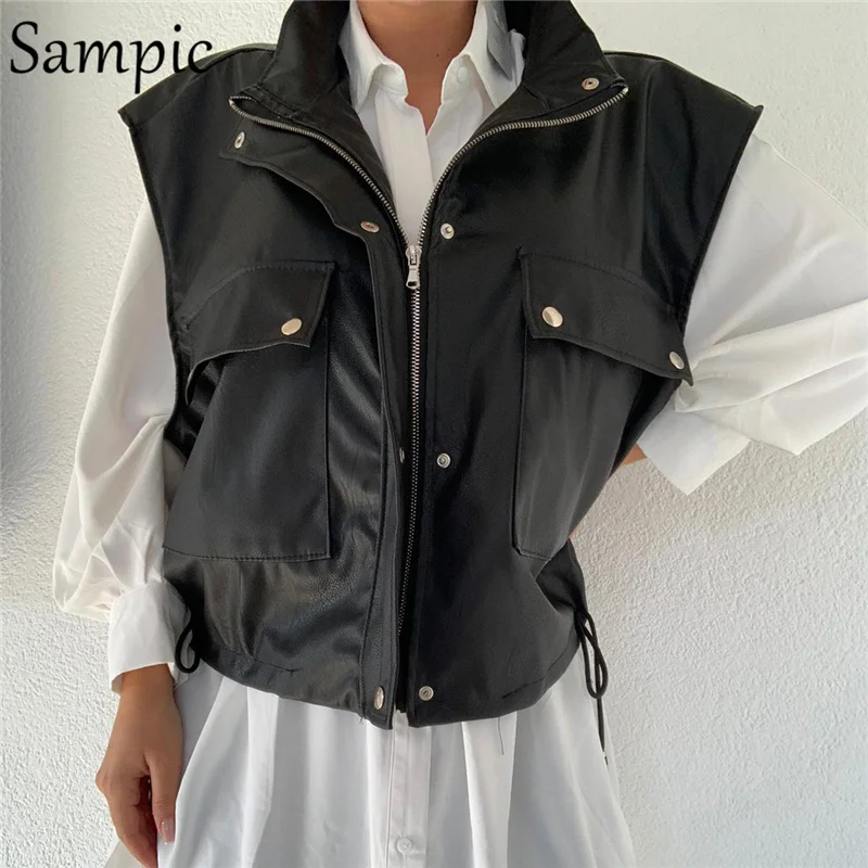 2023 Fashion Waistcoat PU Leather Black Pocket Winter Jacket Women Tops 2020 Short Sleevless Autumn Khaki Coat Vest Femme