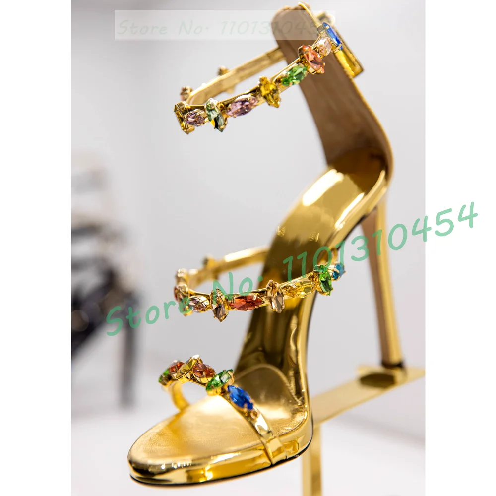 

Colorful Gems Gold Sandals With High Heels Women Sparkly Patent Leather Shoes Lady Luxury Crystal Straps Party Platform Sandal