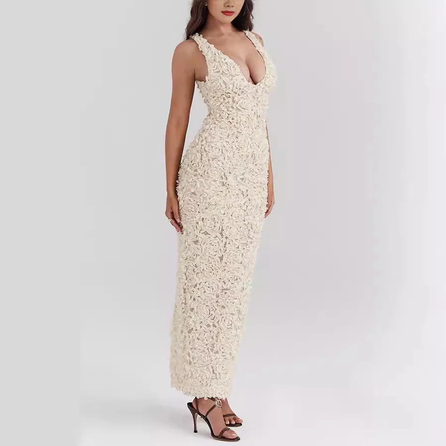Robe de soirée élégante pour femmes, col en v profond, Verstidos, avec des Appliques de fleurs 3D, Slim, longue, française, Sexy, fente latérale, Maxi, moulante